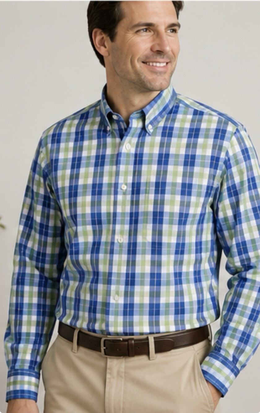 Jos A Bank Travelers Collection Mens L Blue Green Plaid Cotton Dress Shirt